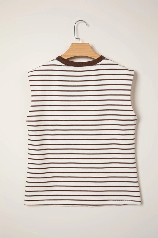 DLLS448 - Ladies Brown Stripe Ribbed Round Neck Trim Loose Tank Top