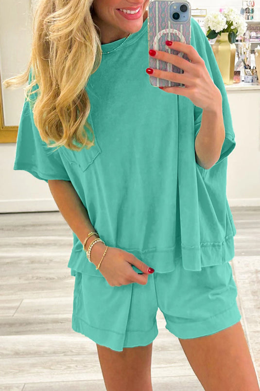 DLLS645 - Ladies Mint Green Raw Edge Patch Pocket Oversized Top and Shorts Set