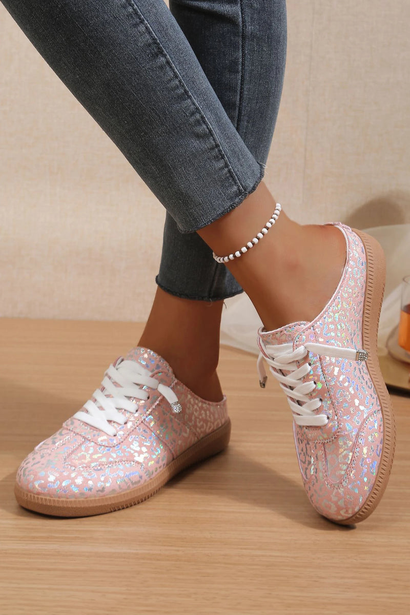 Load image into Gallery viewer, DLLSHOE 94 - Pink Shiny Leopard Print Lace Up Slip On Shoes
