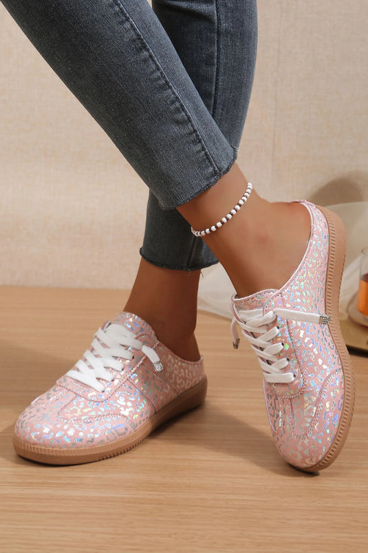 DLLSHOE 94 - Pink Shiny Leopard Print Lace Up Slip On Shoes
