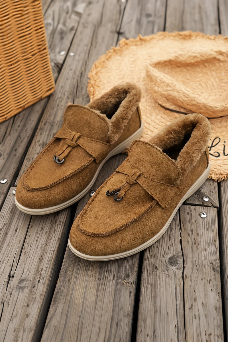 Load image into Gallery viewer, DLLSHOE 203 - Chestnut Suede Furry Lined Slip on Flat Shoes
