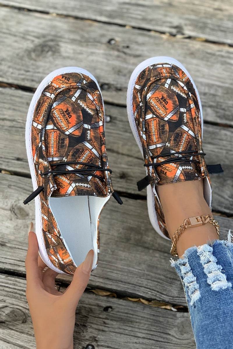 Load image into Gallery viewer, DLLSHOE 198 - Coffee Rugby Allover Print Lace Up Detail Slip On Flat Shoes

