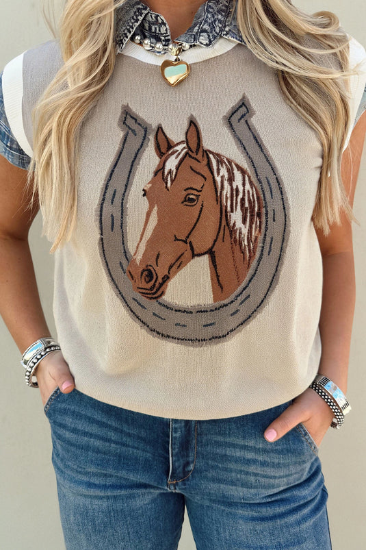 DLLS425 - Ladies Parchment Horse Shoe Print Color Block Trim Round Neck Sleeveless Sweater