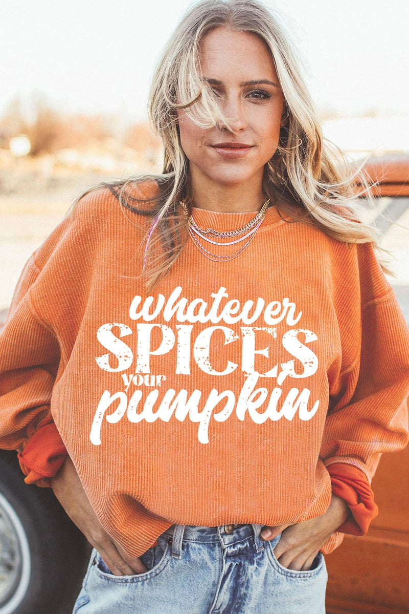 Load image into Gallery viewer, DLLS990 - Ladies Orange Whatever Spices Your Pumpkin Corded Pullover Sweatshirt
