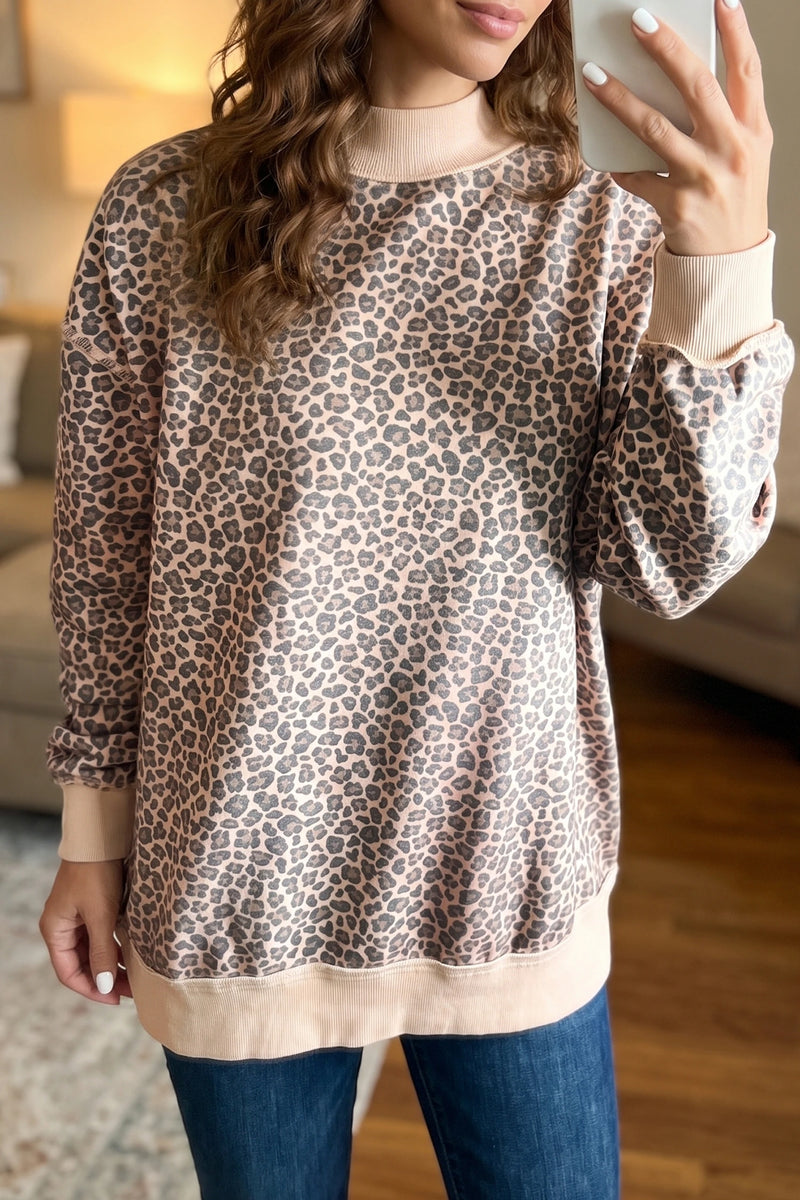 Load image into Gallery viewer, DLLS892 - Ladies Multicolour Leopard Print Long Sleeve Ribbed Cuffs Hem Sweatshirt
