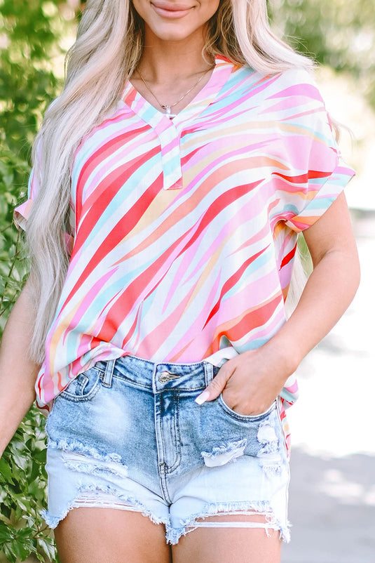 DLLS566 - Ladies Multicolor Abstract Print High Low Short Sleeve Blouse