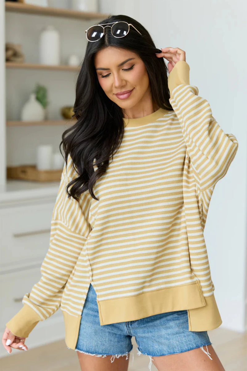 Load image into Gallery viewer, DLLS812 - Ladies Khaki Stripe Textured Knit Color Block Trim Split Hem Long Sleeve Top

