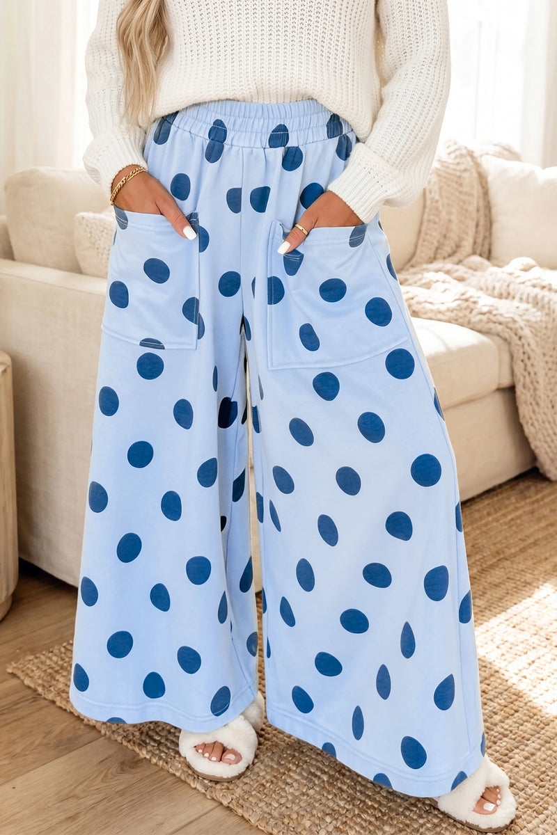 Load image into Gallery viewer, DLLS807 - Ladies Sky Blue Polka Dot Wide Leg Elastic Waist Casual Pants
