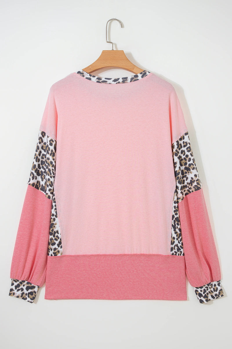 Load image into Gallery viewer, DLLS362 - Ladies Light Pink Leopard Patchwork Dolman Sleeve Baggy Sweatshirt
