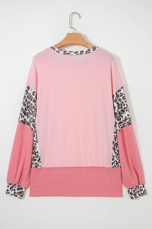 DLLS362 - Ladies Light Pink Leopard Patchwork Dolman Sleeve Baggy Sweatshirt