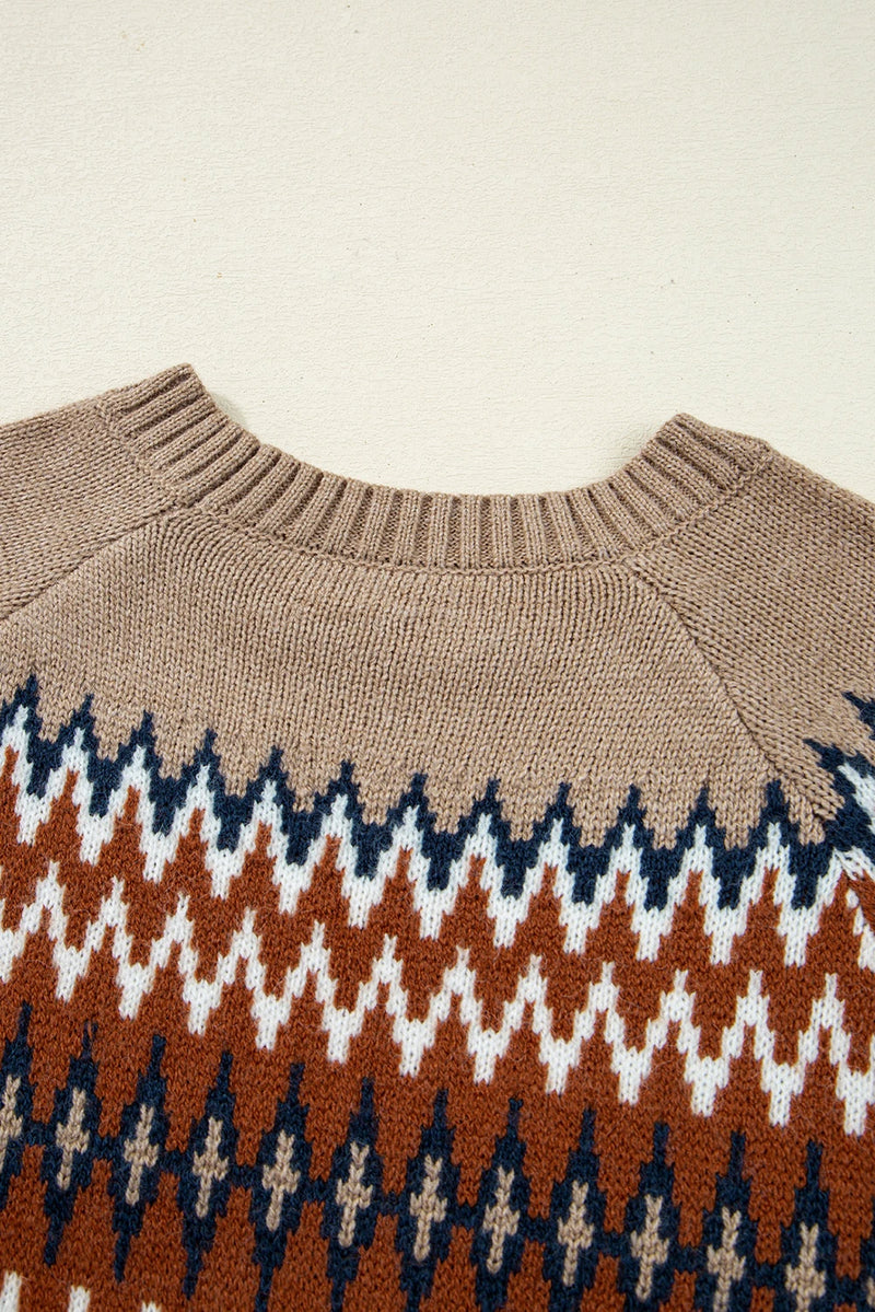 Load image into Gallery viewer, DLLS138 - Ladies Khaki Aztec Print Colorblock Crew Neck Sweater
