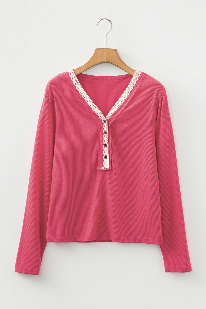 Load image into Gallery viewer, DLLS282 - Ladies Racing Red Ribbed Texture Contrasted Lace Trim Button V Neck Long Sleeve Top
