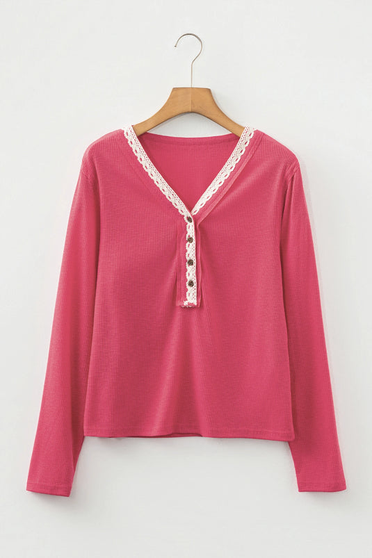 DLLS282 - Ladies Racing Red Ribbed Texture Contrasted Lace Trim Button V Neck Long Sleeve Top