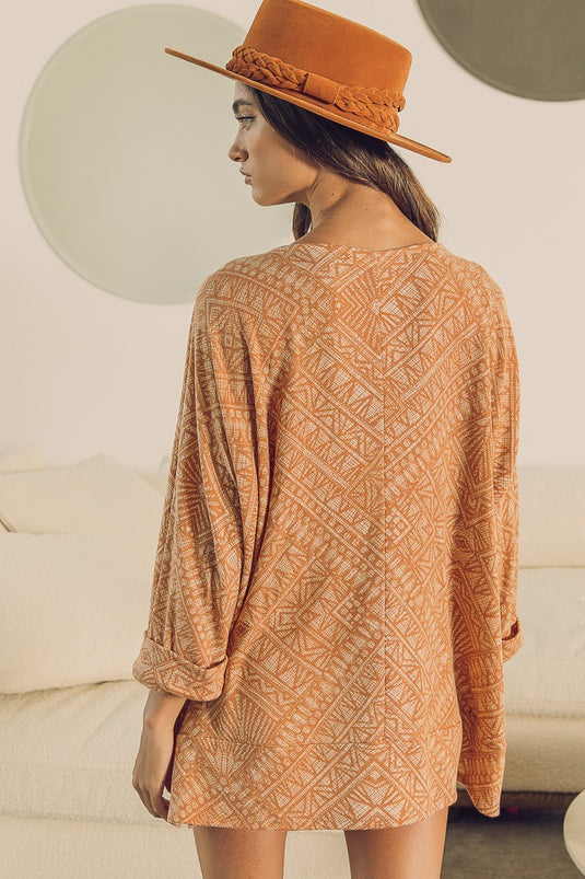 BIBI20- Ladies Aztec Print French Terry V Neck Top