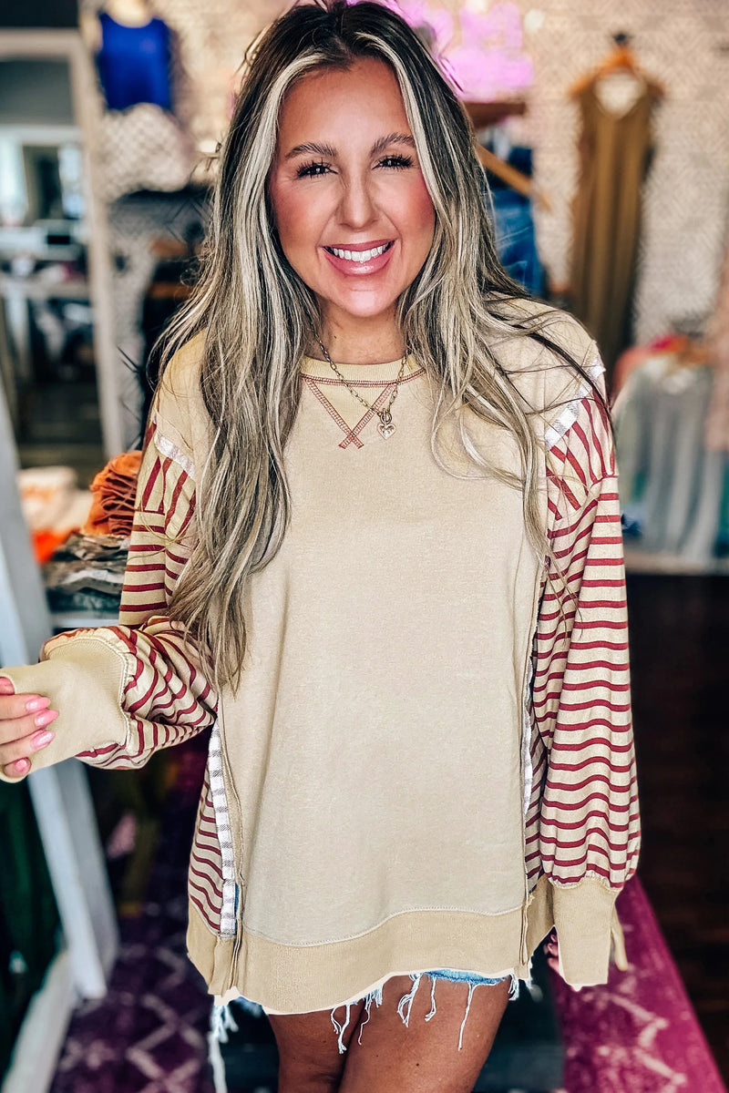 Load image into Gallery viewer, DLLS927 - Ladies Red Stripe Sleeve Patchwork Casual Knit Top

