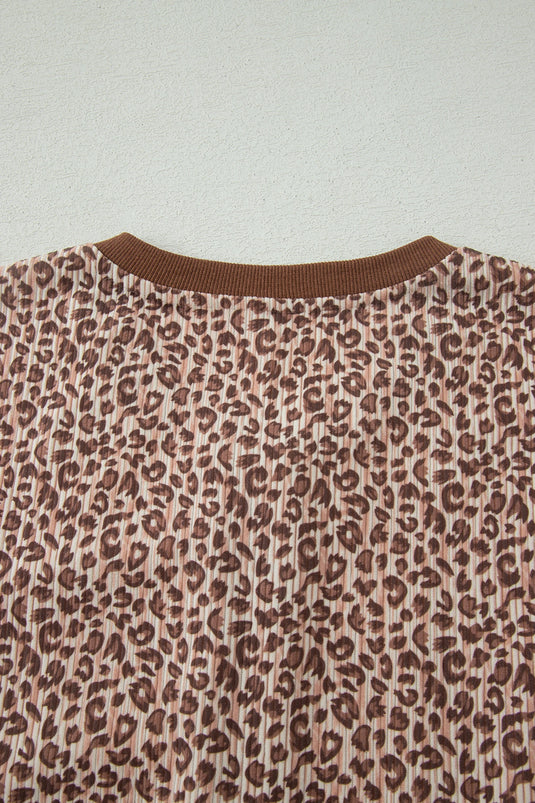 DLLS703 - Ladies Brown Leopard Print Ribbed Patchwork Half Button Loose Tee Elastic Waist Short 2pcs Set