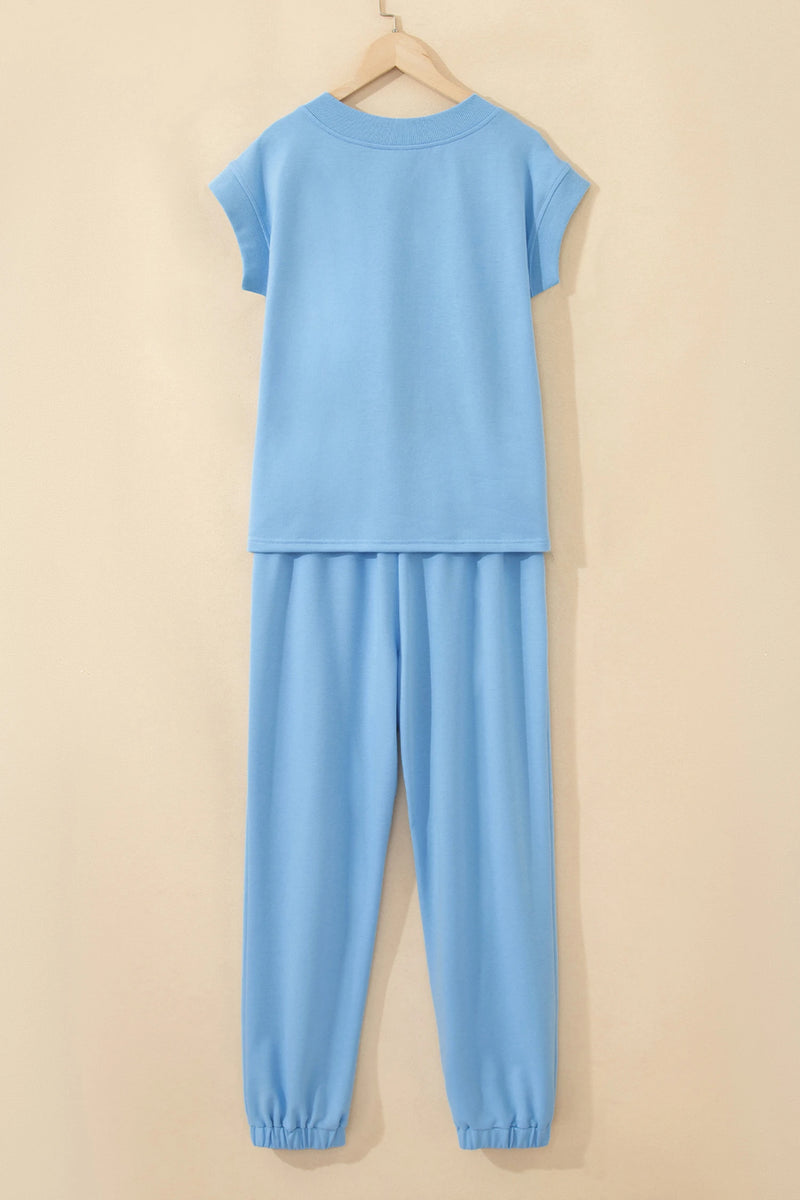 Load image into Gallery viewer, DLLS933 - Ladies Beau Blue Solid Color V Neck Tee Drawstring Pant Set
