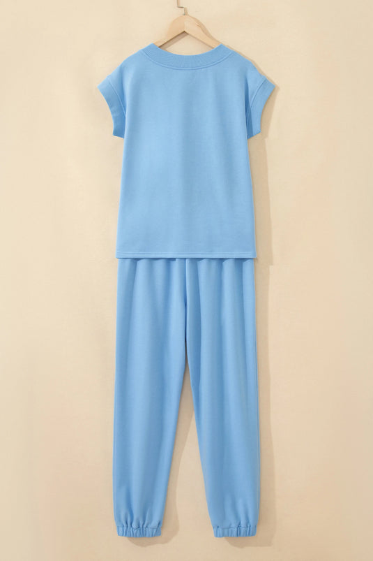 DLLS933 - Ladies Beau Blue Solid Color V Neck Tee Drawstring Pant Set
