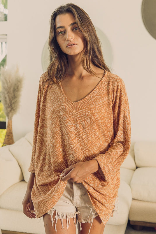 BIBI20- Ladies Aztec Print French Terry V Neck Top