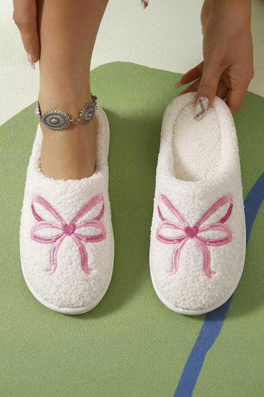 DLLSHOE 182 - White Soft Plush Embroidered Bow Detail Winter Slippers