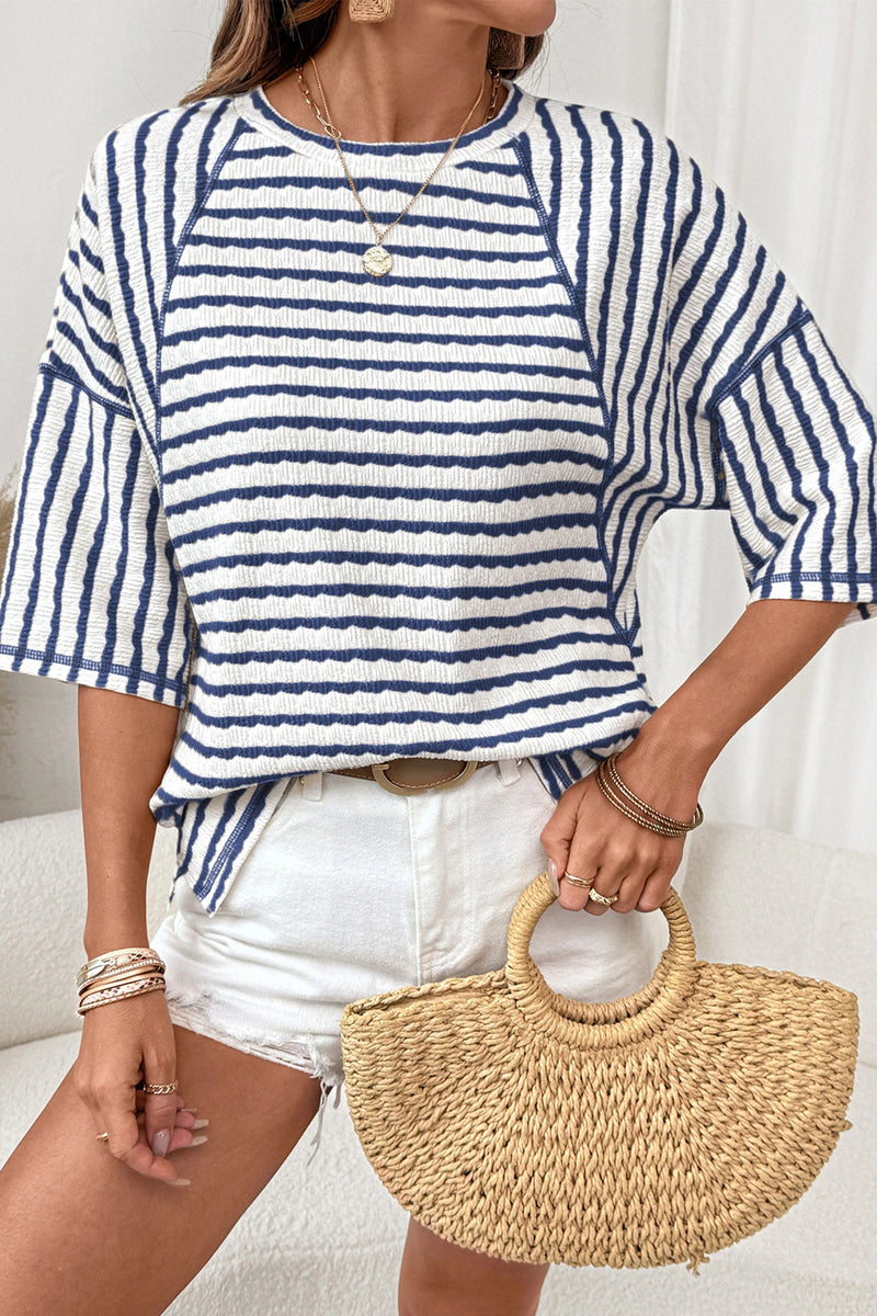 Load image into Gallery viewer, DLLS393 - Ladies Blue Stripe Textured Knit Split Hem Half Sleeve Loose Top

