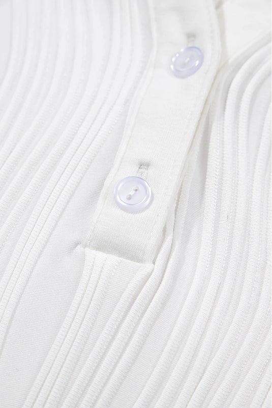 DLLS443 - Ladies White Wavy Textured Button V Neck Tee