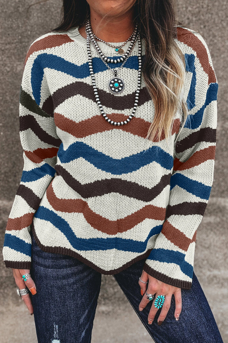 Load image into Gallery viewer, DLLS755 - Ladies Multicolour Retro Wave Print Western Sweater

