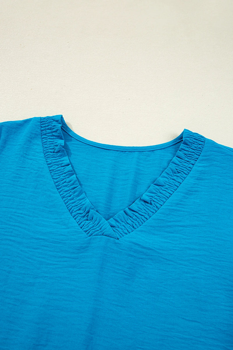 Load image into Gallery viewer, DLLS324 - Ladies Sky Blue Frilled V Neckline Bracelet Sleeve Crinkled Blouse
