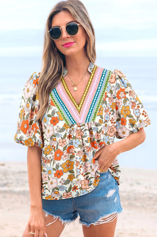 DLLS939 - Ladies Multicolour Crochet V Neckline Puff Sleeve Boho Flower Blouse