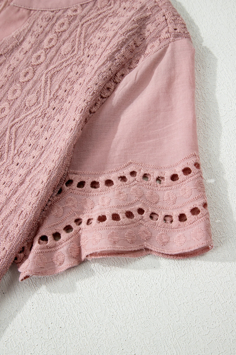 Load image into Gallery viewer, DLLS342 - Ladies Fushia Textured Embroidered Half Buttons Short Sleeve Blouse
