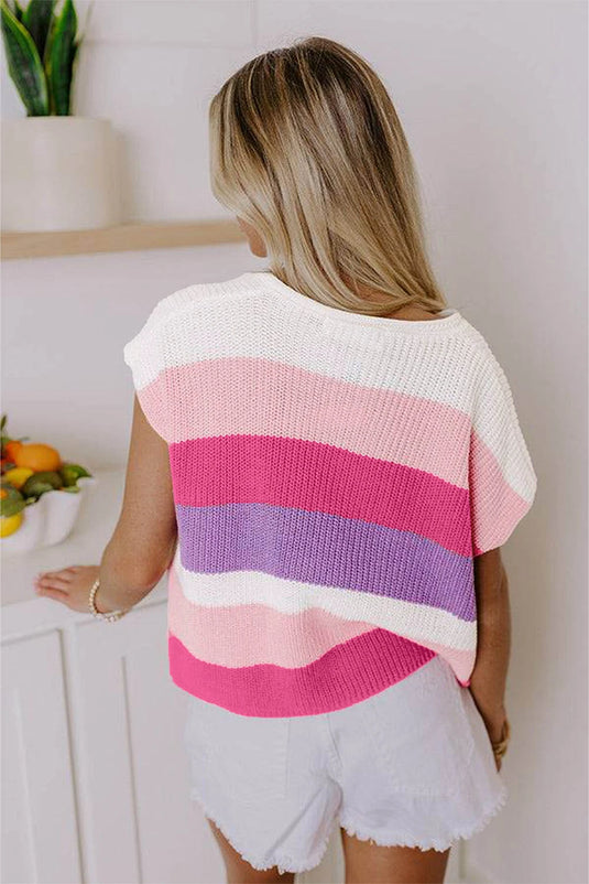DLLS457 - Ladies Pink Color Block Notch V Neck Sweater T-Shirt