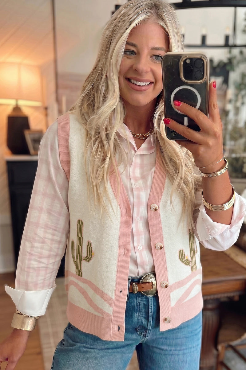 Load image into Gallery viewer, DLLS716 - Ladies Pink Color Block Trim Button Front Cactus Pattern Western Sweater Vest
