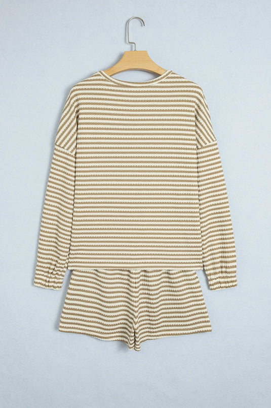 DLLS1147 - Ladies Brown Stripe Textured Knit Long Sleeve Top Elastic Waist Shorts Casual Outfit