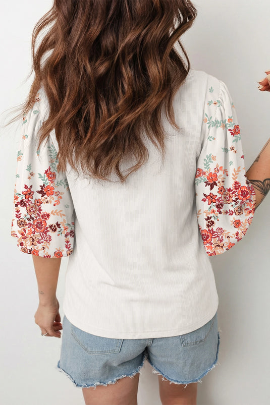 DLLS514 - Ladies White Ribbed Texture Floral Print Half Sleeve Patchwork Top