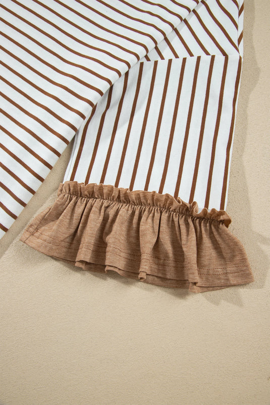DLLS1030 - Ladies Khaki Stripe V Neck Ruffle Sleeve Top Drawstring Pants 2pcs Set