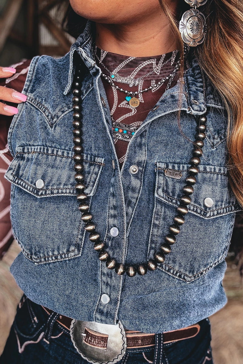 Load image into Gallery viewer, DLLS787 - Ladies Ashleigh Blue Solid Denim Button Front Pocket Sleeveless Cowboy Vest

