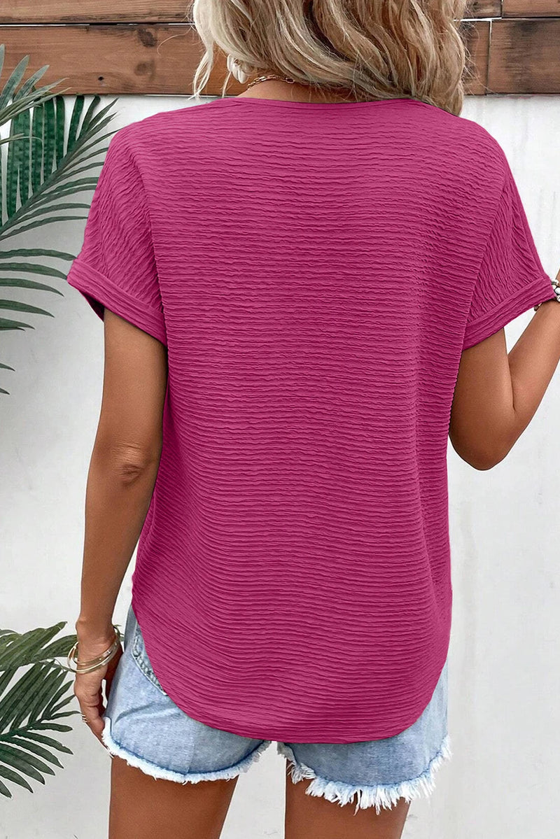 Load image into Gallery viewer, DLLS544 - Ladies Bright Pink Textured Wide Sleeve V Neck T Shirt
