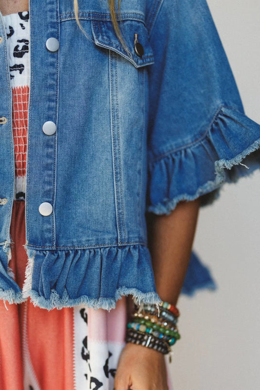 DLLS649 - Ladies Blue Ruffle Hem Denim Jacket Half Sleeve Western Style