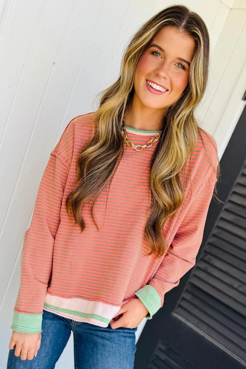 Load image into Gallery viewer, DLLS683 - Ladies Orange Striped Tunic Top with Colorblock Cuffs and Round Neck
