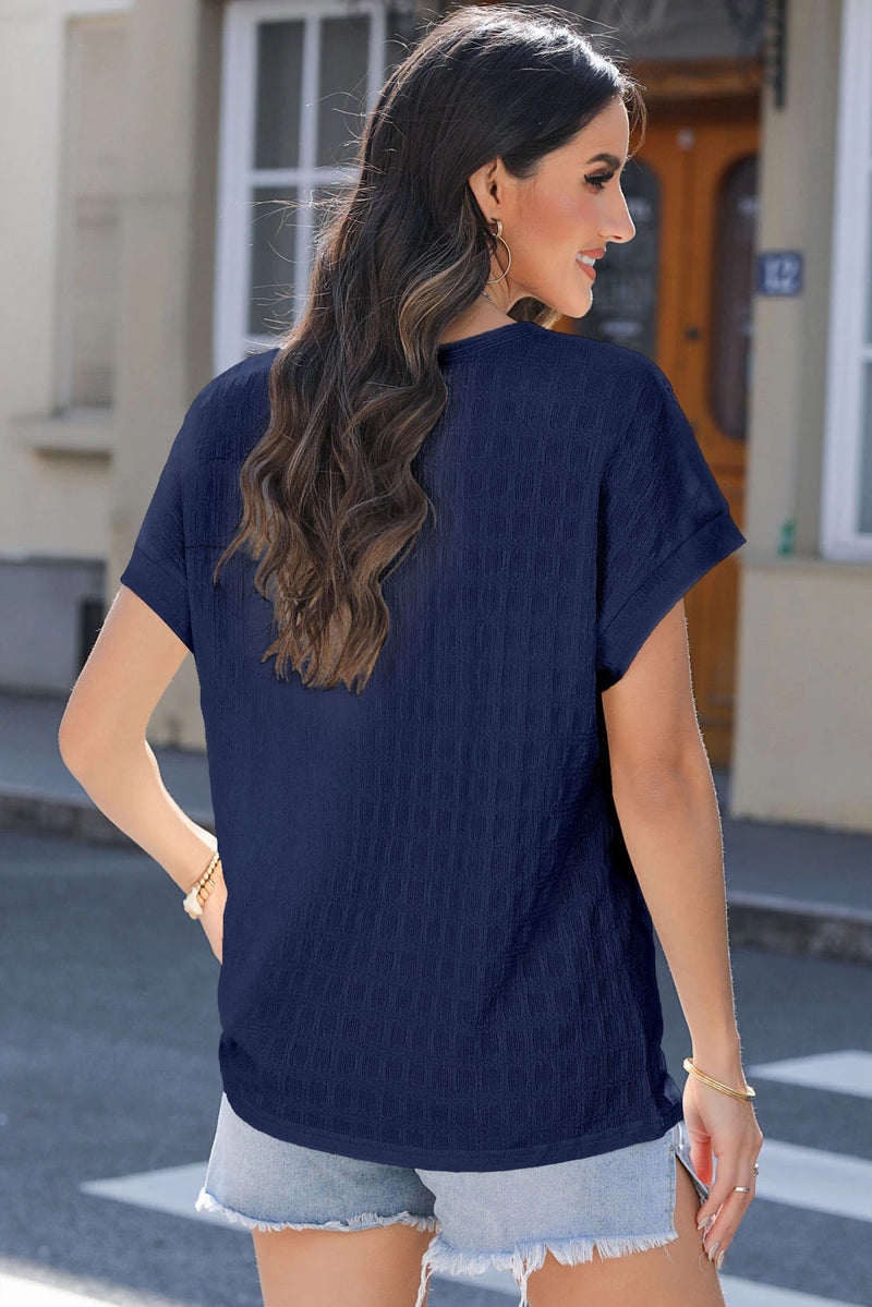 Load image into Gallery viewer, DLLS479 - Ladies Sail Blue Solid Color Textured Batwing Sleeve Tee
