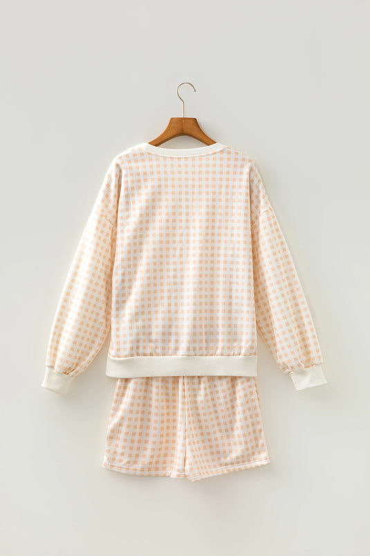 DLLS770 - Ladies Yellow Plaid Baggy Pullover Drawstring Casual Shorts 2pcs Outfit