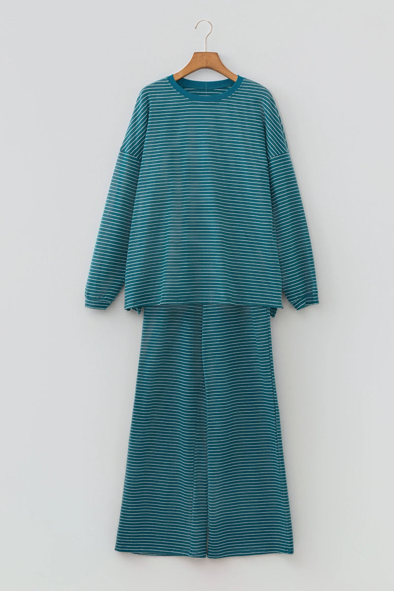 Load image into Gallery viewer, DLLS1085 - Ladies Green Stripe Long Sleeve Top Elastic Waist Pants Casual 2pcs Set
