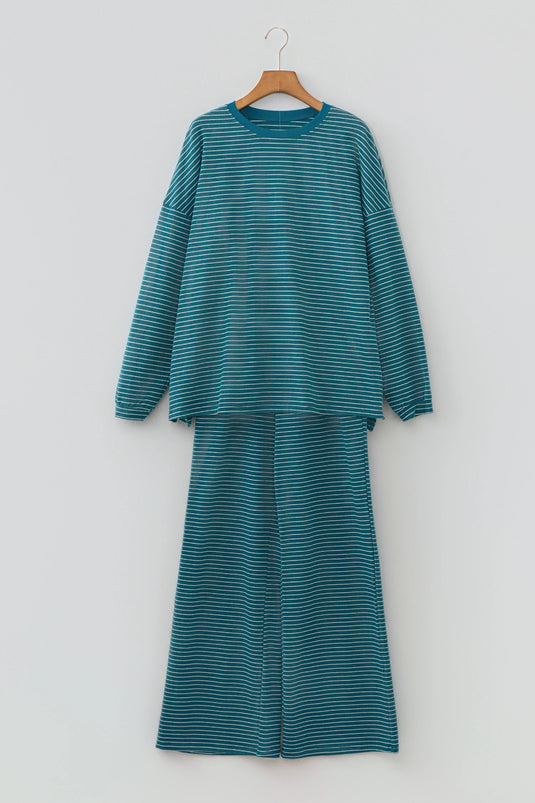 DLLS1085 - Ladies Green Stripe Long Sleeve Top Elastic Waist Pants Casual 2pcs Set