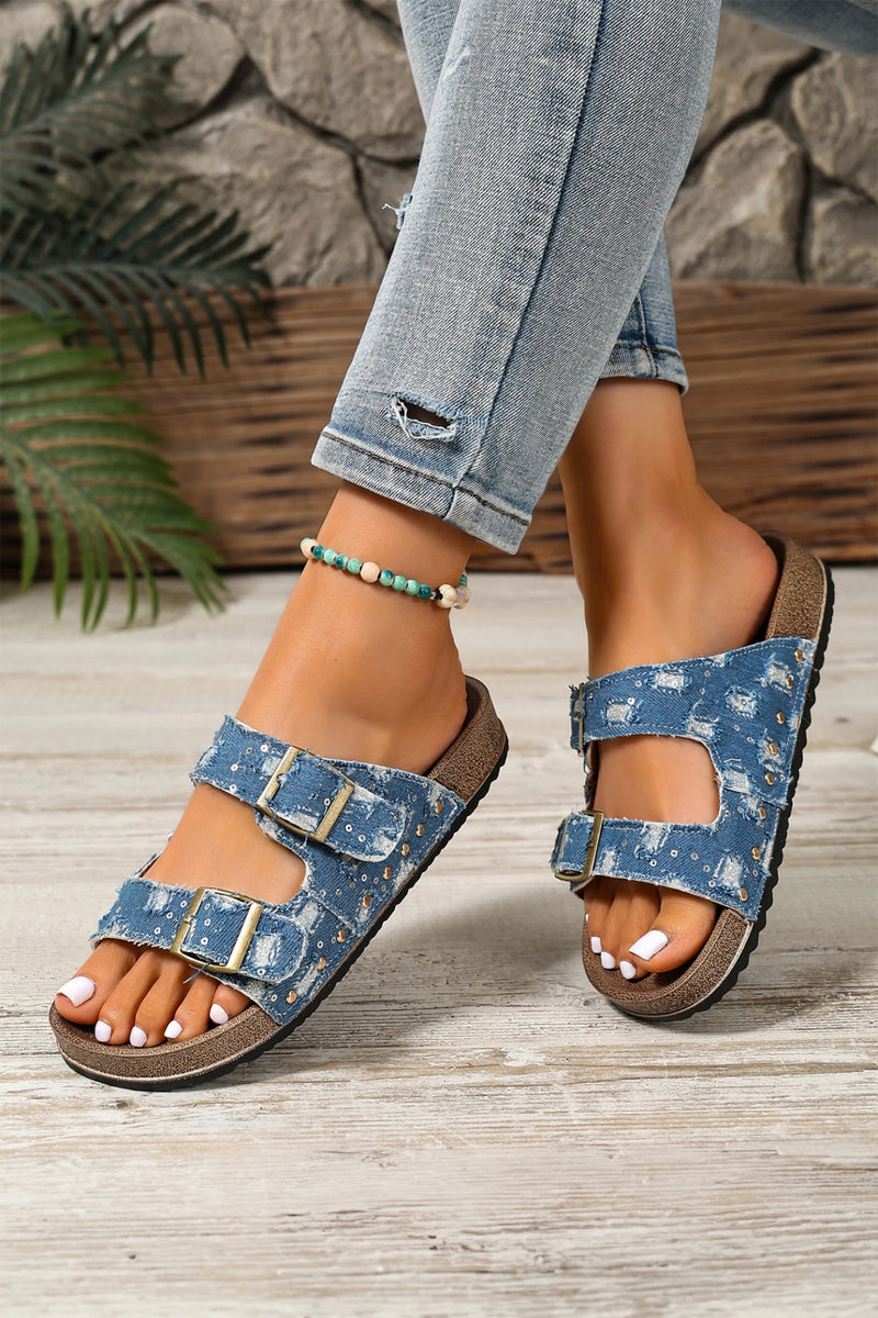 Load image into Gallery viewer, DLLSHOE 188 - Sky Blue Two-Tone Retro Buckle Straps Hollowed Faux Suede Slippers
