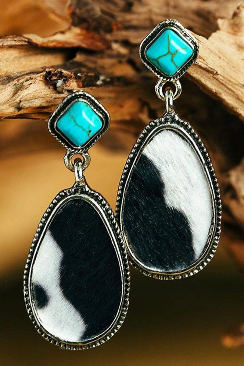 Load image into Gallery viewer, DLLER 1 - Black Cow Print Turquoise Drop Earrings
