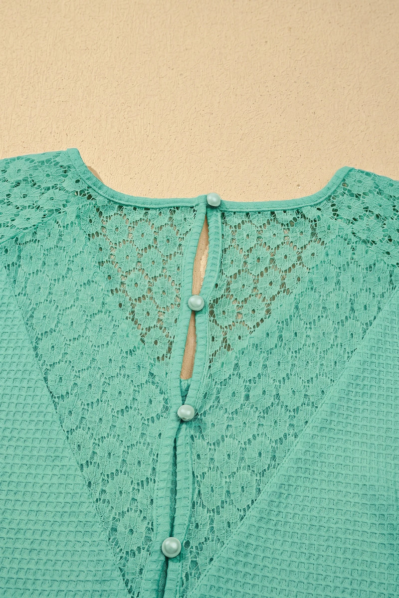 Load image into Gallery viewer, DLLS702 - Ladies Mint Green Lace Splicing Button Cutout V Neck Waffle Knit Blouse
