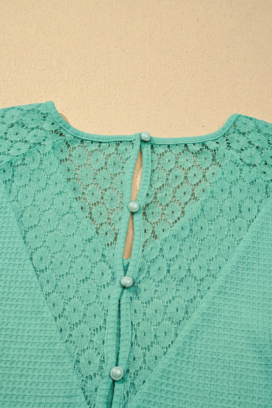 DLLS702 - Ladies Mint Green Lace Splicing Button Cutout V Neck Waffle Knit Blouse