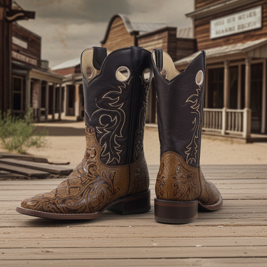 1229 - RockinLeather Men's Capuccino Stamped Cowhide Leather Boot