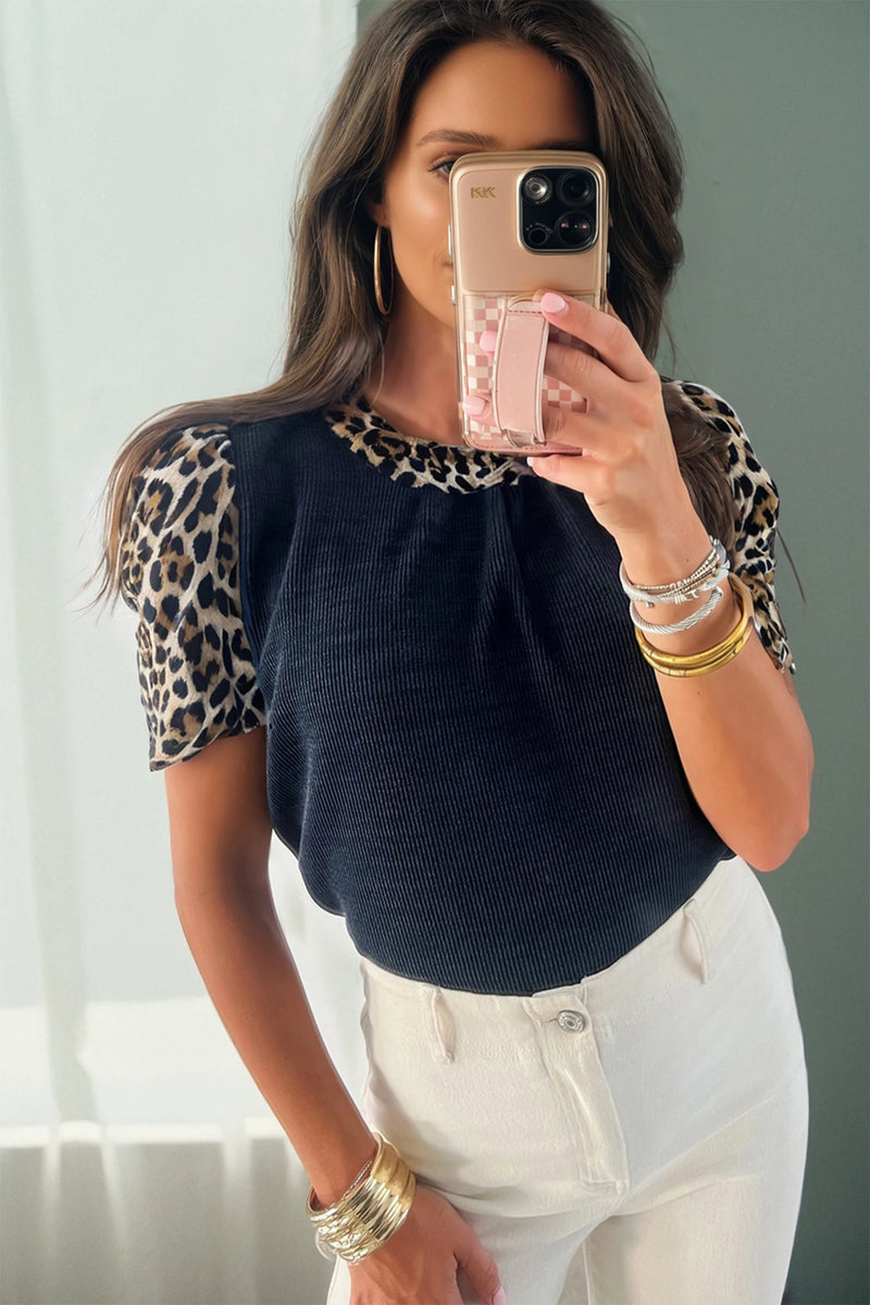Load image into Gallery viewer, DLLS341 - Ladies Navy Blue Ribbed Contrast Leopard Patchwork Short Sleeve Top
