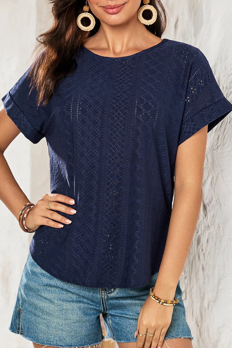 Load image into Gallery viewer, DLLS441 - Ladies Navy Blue Solid Color Eyelet Jacquard Cuffed Short Sleeve Top

